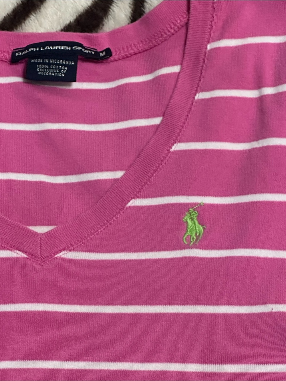 Ralph Lauren Hot Pink & White Striped V-Neck Tee - Picture 2 of 5
